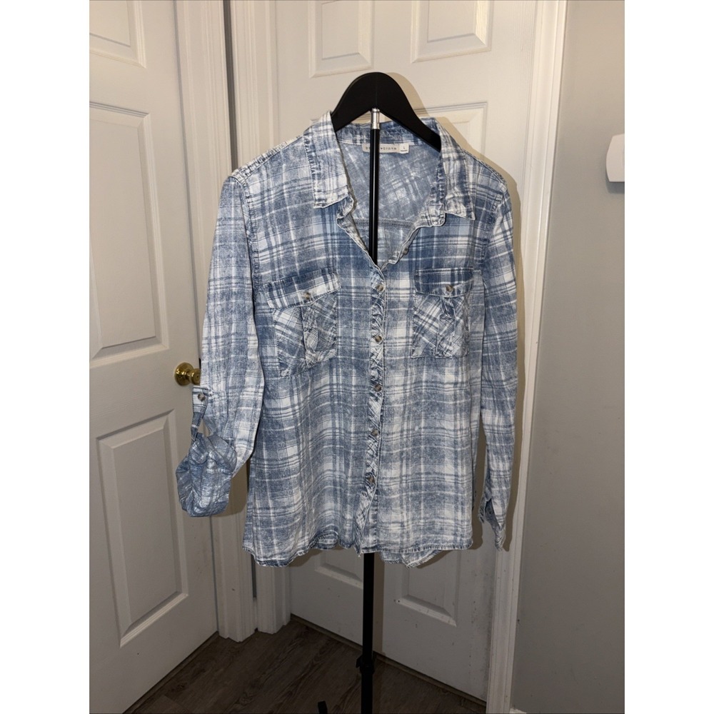 Paper Crane tops large Bleached Out Blue Plaid Button Up Soft Layer Boho Western